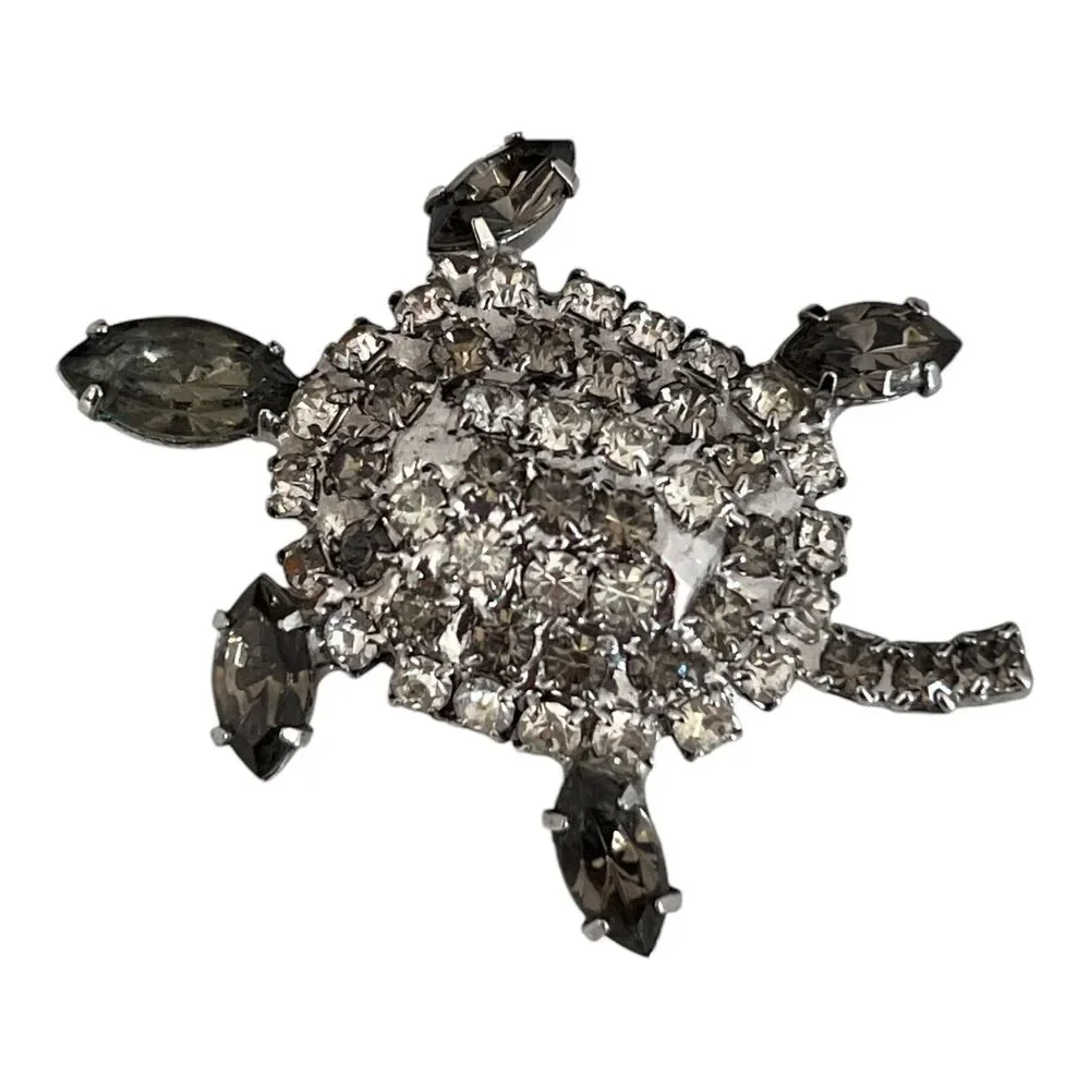 Vintage 1960s Turtle Brooch Rhinestone Gray Clear Crystal Silver Tone Pin - 8T